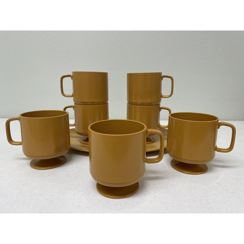 Vintage 7 Golden Brown MCM‎ Melamine Footed Stackable Coffee Cups & Platter